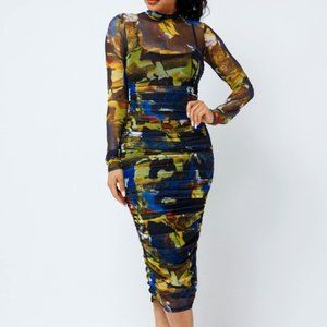 Mock neck print Midi dress w/ruched mesh details